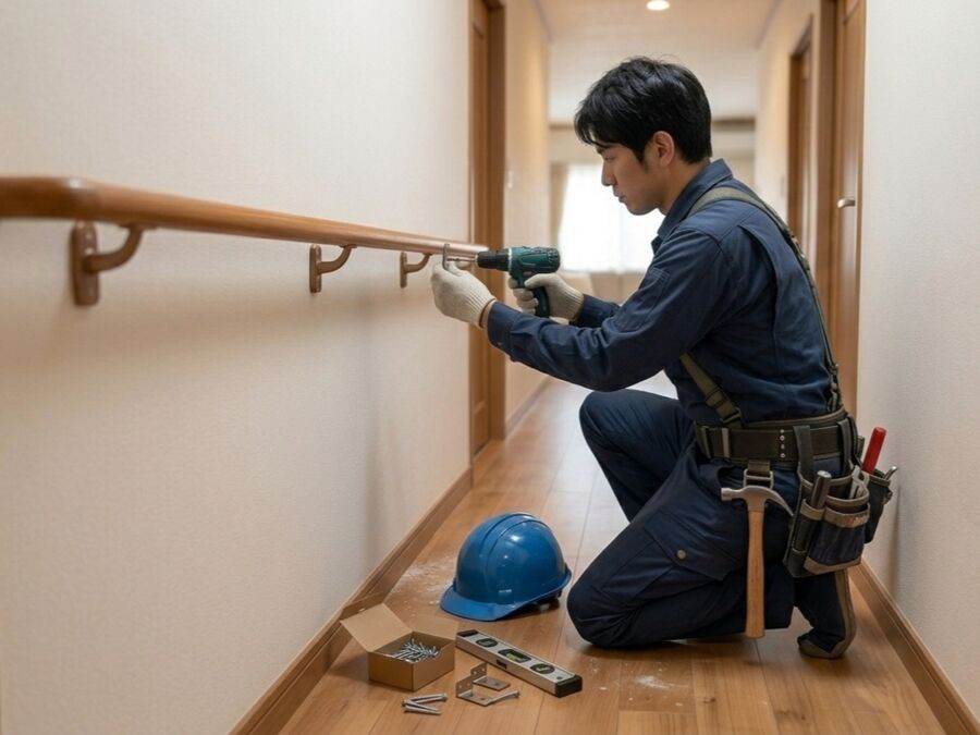廊下への手すり設置工事の様子