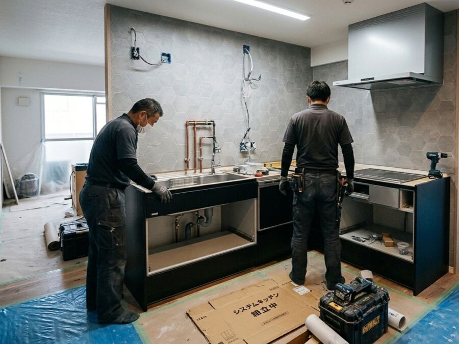 システムキッチン交換工事の様子